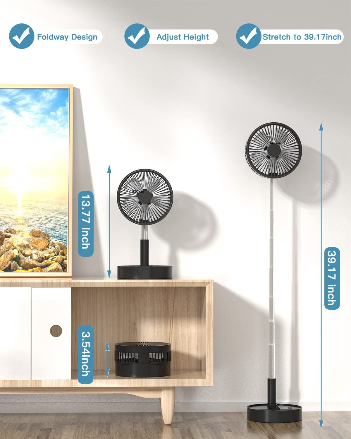 Portable Folding Stand Fan, USB Rechargeable 7200mAh, 4 Speed Adjustable Height,2