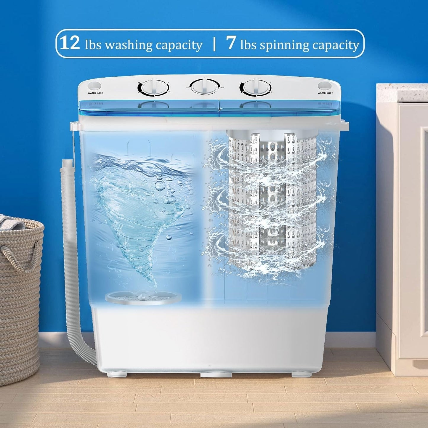 Compact Twin Tub Washing Machine 19lbs with Drying Rack, Mini Semi Automatic Was3