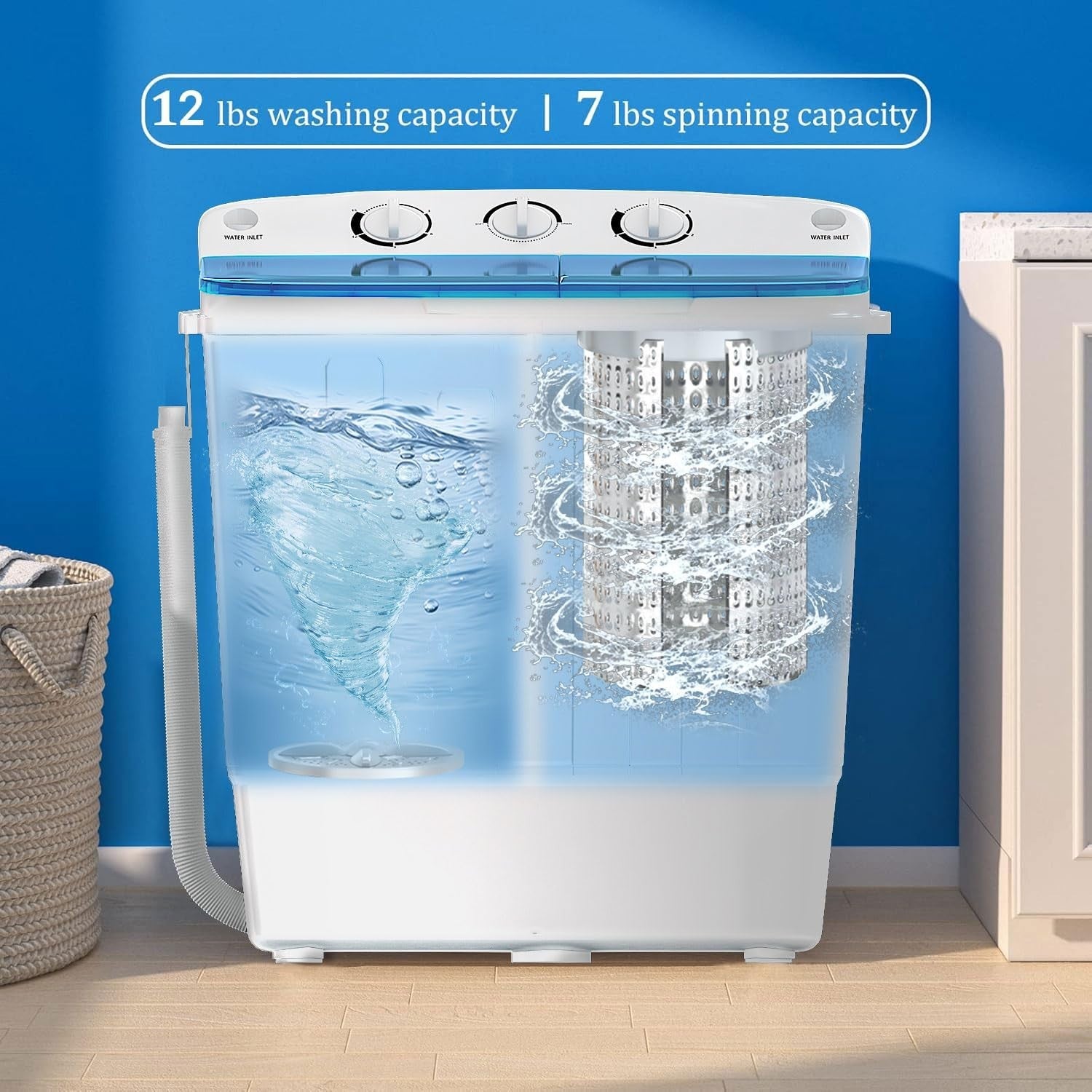 Compact Twin Tub Washing Machine 19lbs with Drying Rack, Mini Semi Automatic Was3
