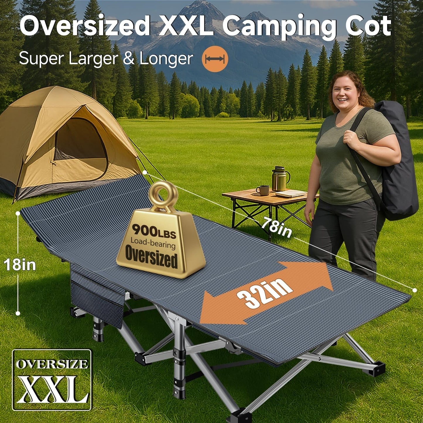 Oversized Folding Camping Cot for Adults   32" Wide, 900 lbs Capacity, Includes2