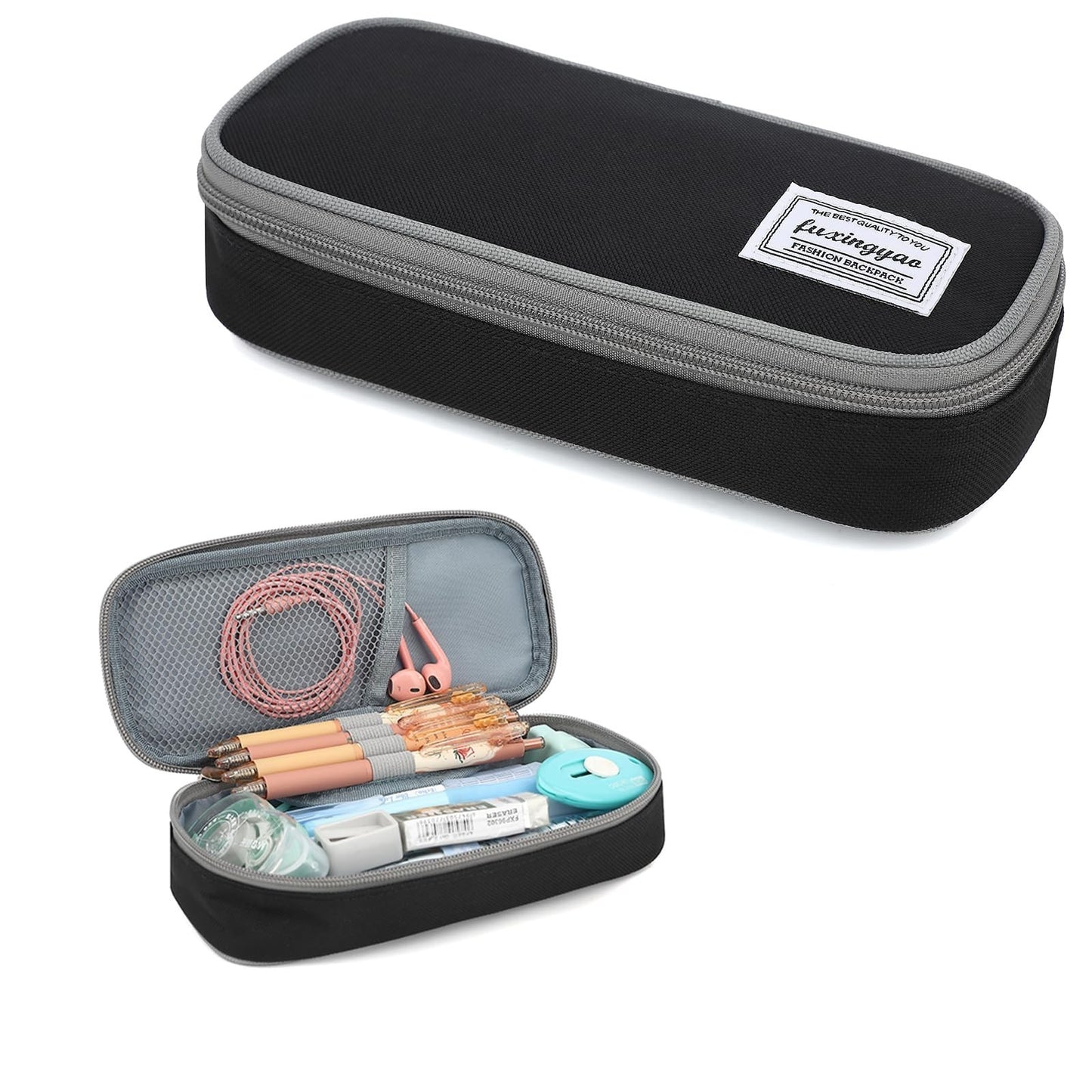 Multi Compartment Pencil Case, Portable Pouch for School & Office, Black/Gray1