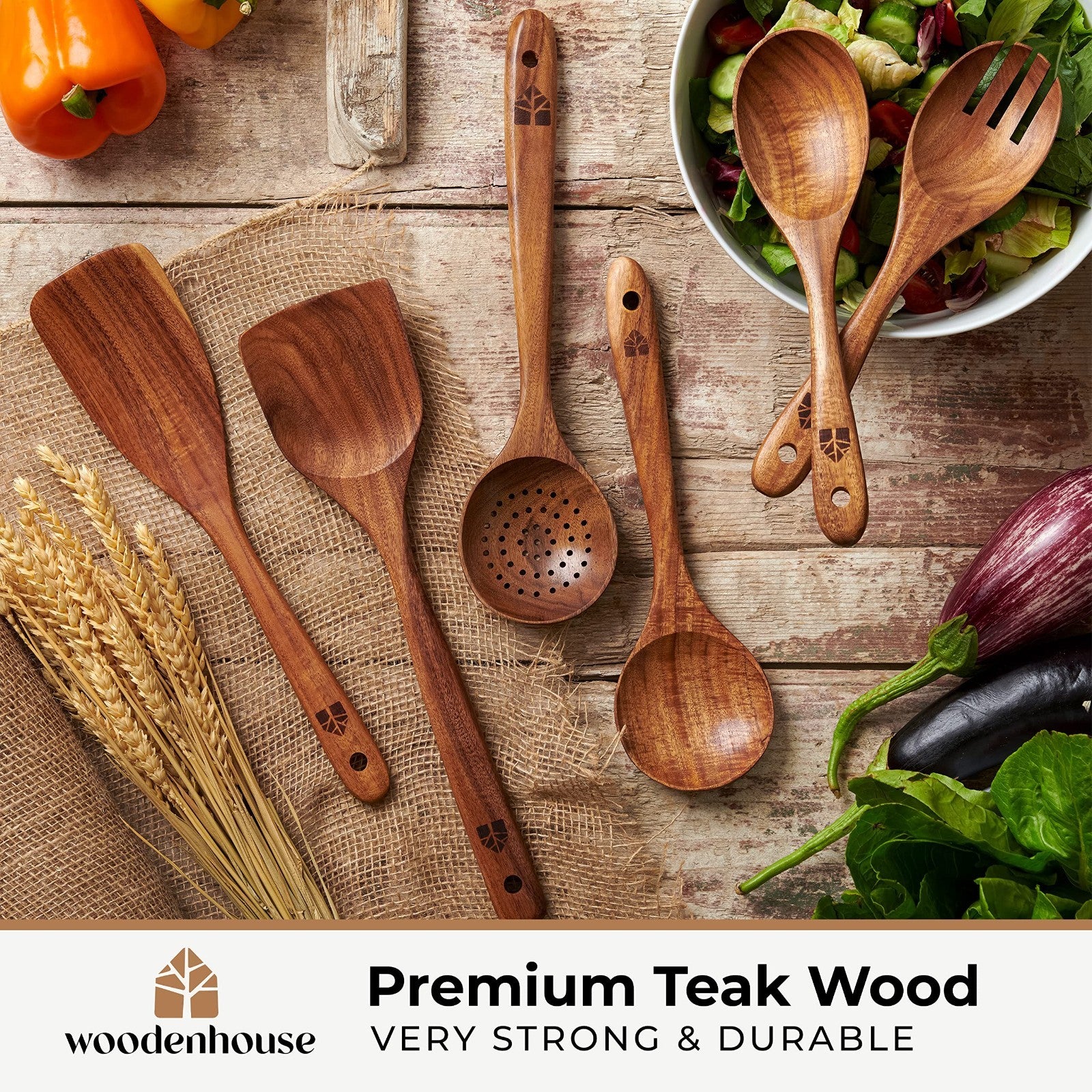 Wooden Cooking Spoons Set   Teak Utensils, Comfortable Grip, Non Stick, Food Saf2