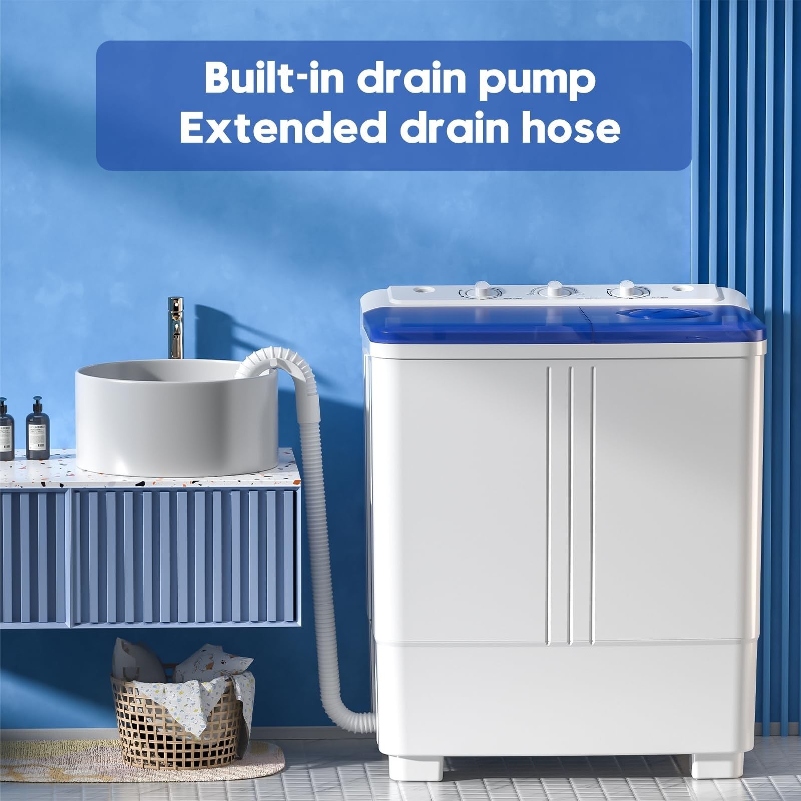 Compact Portable Washing Machine 20lbs Twin Tub Mini Laundry with Drain Pump, 124