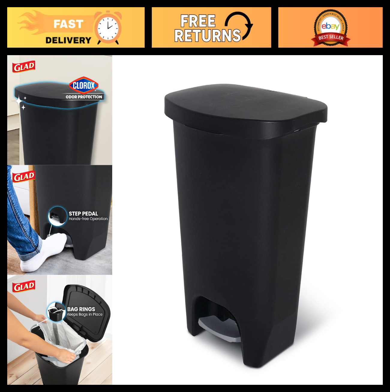 13 Gal Black Trash Can with Clorox Odor Control | Hands-Free Step-On Bin, Kitche0