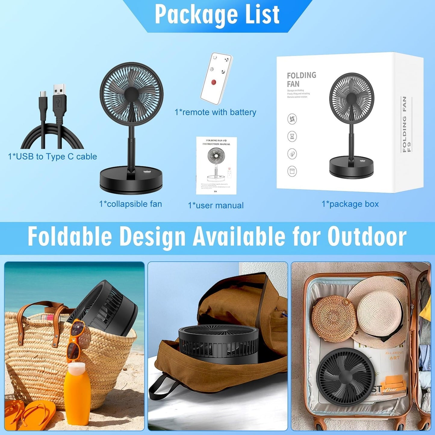 Portable Foldable Oscillating Fan   8.6" Rechargeable Battery USB C Remote Quiet7