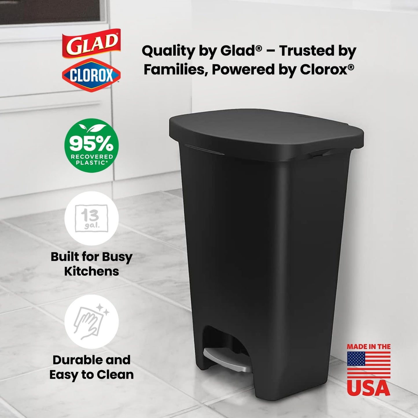 13 Gal Black Trash Can with Clorox Odor Control | Hands-Free Step-On Bin, Kitche5
