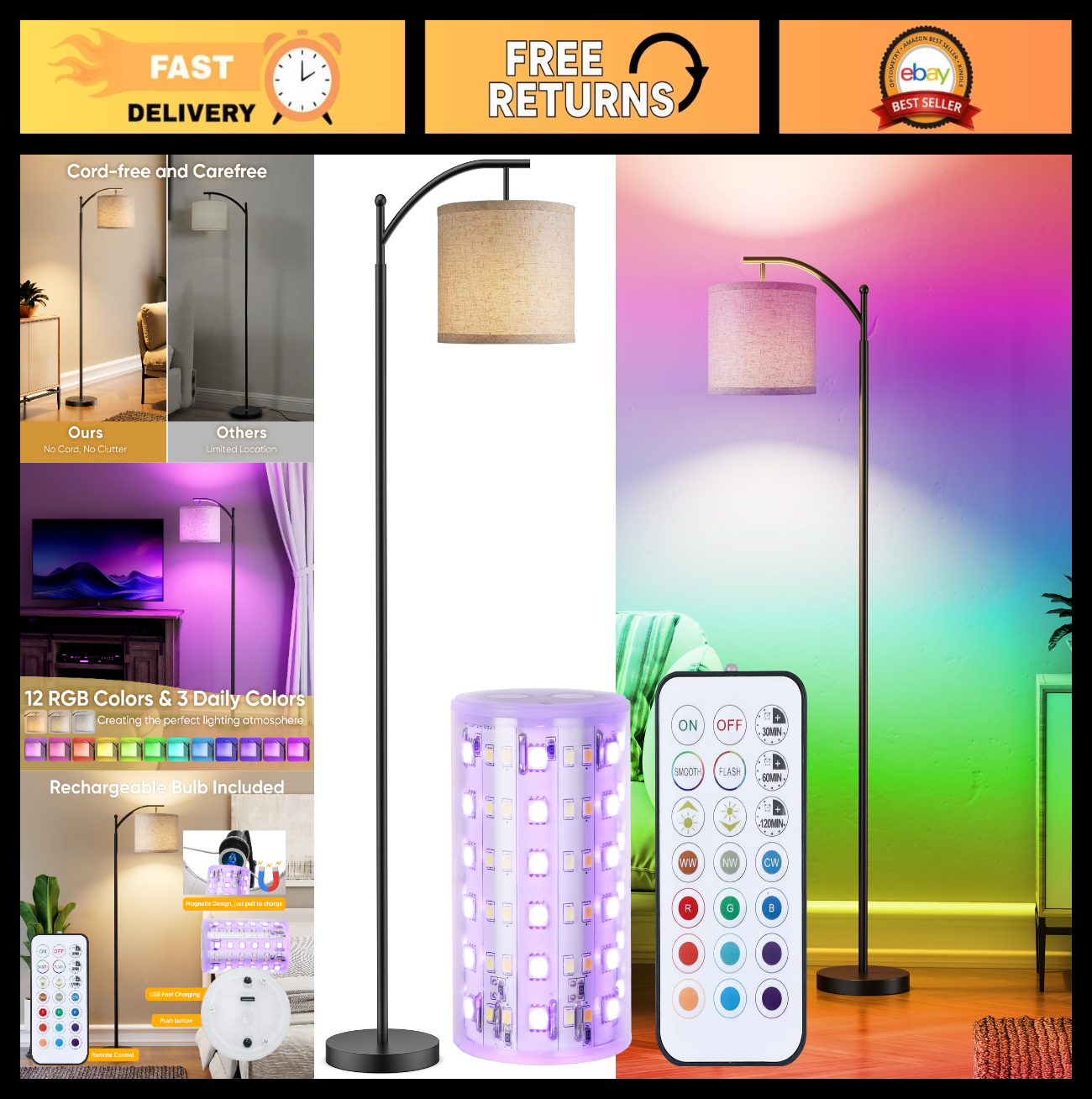 Dimmable RGB Battery Operated Floor Lamp with Remote Control   Cordless Tall Lam0