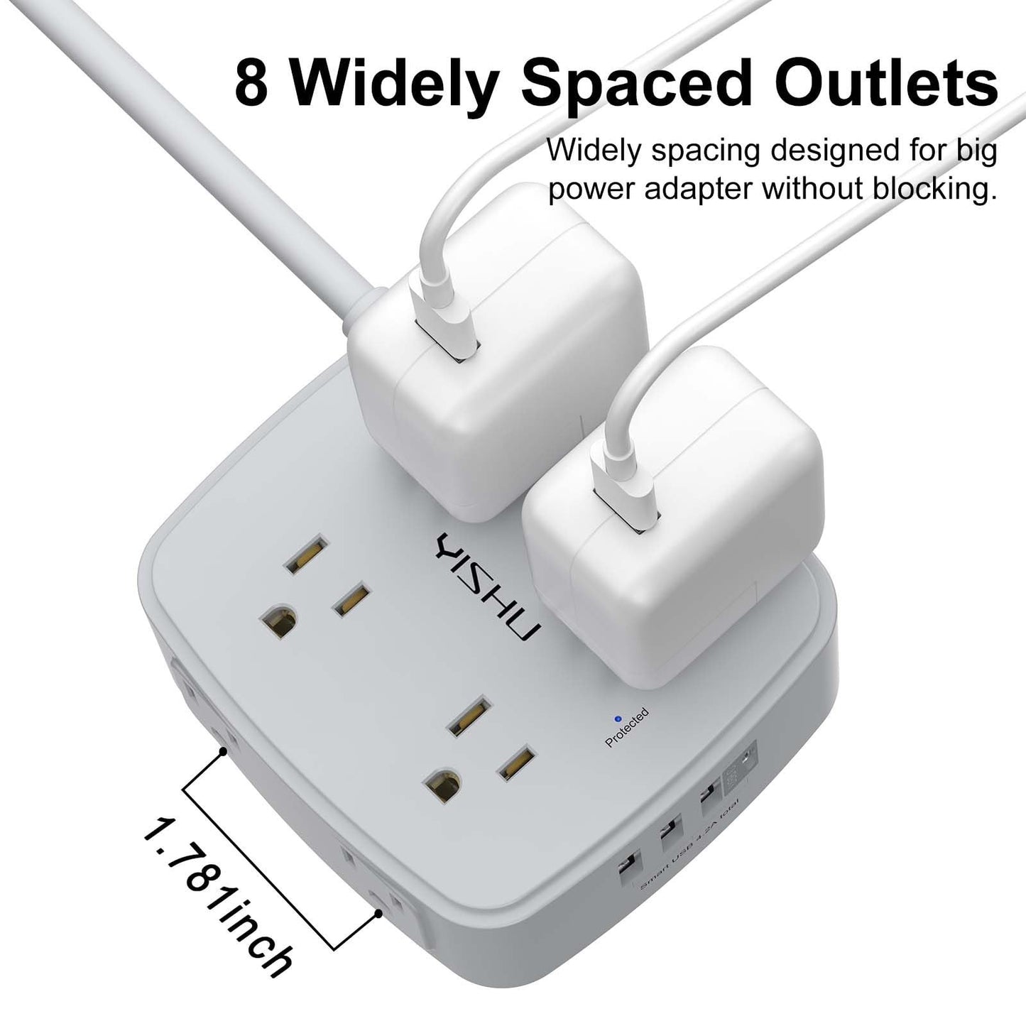 10Ft Surge Protector Power Strip   8 Outlets, 4 USB Ports, Flat Plug, Wall Mount3