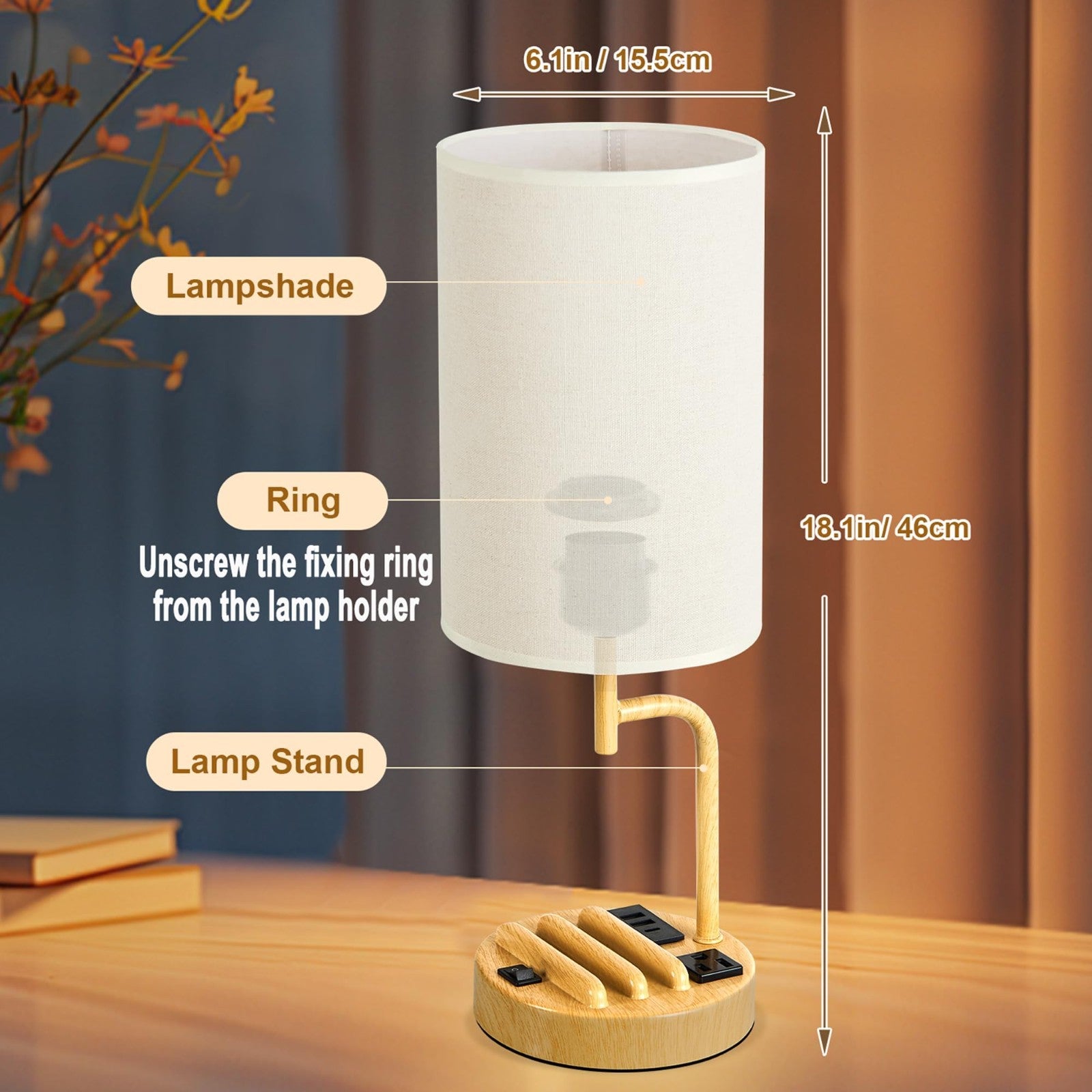 Modern Table Lamp with 3 USB Ports & AC Outlet, Bedside Desk Light   Pack of 25