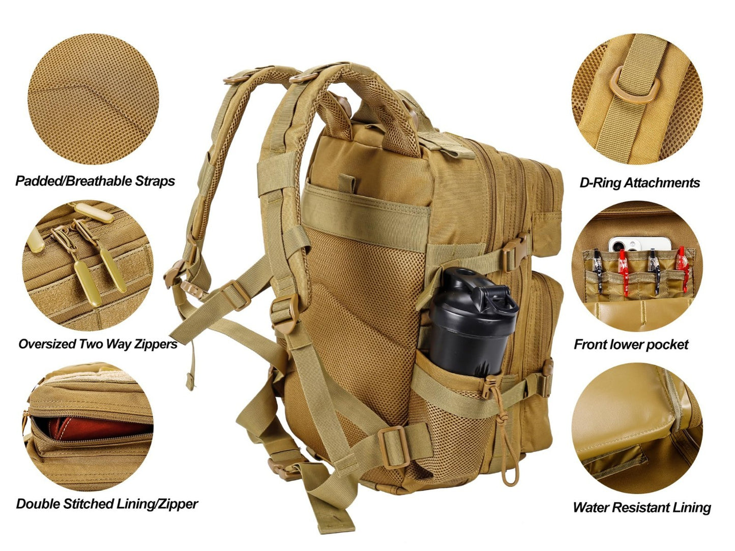 Tactical Military Backpack 25L/35L Army Assault Pack Rucksack with Bottle Holder3