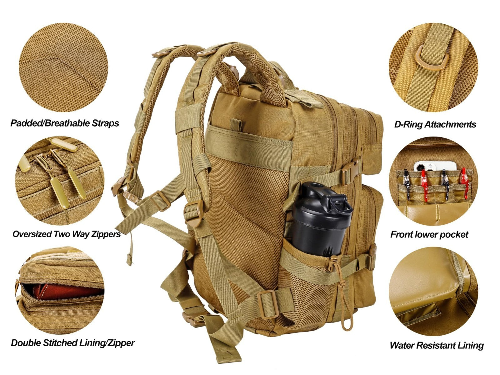 Tactical Military Backpack 25L/35L Army Assault Pack Rucksack with Bottle Holder3