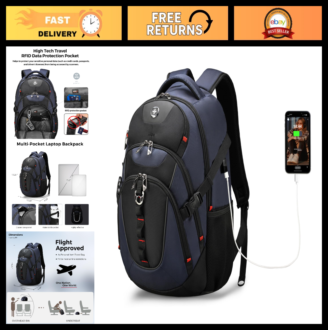 Stylish Laptop Backpack with USB Charging Port, Fits 15.6" Computer, 31L Travel0
