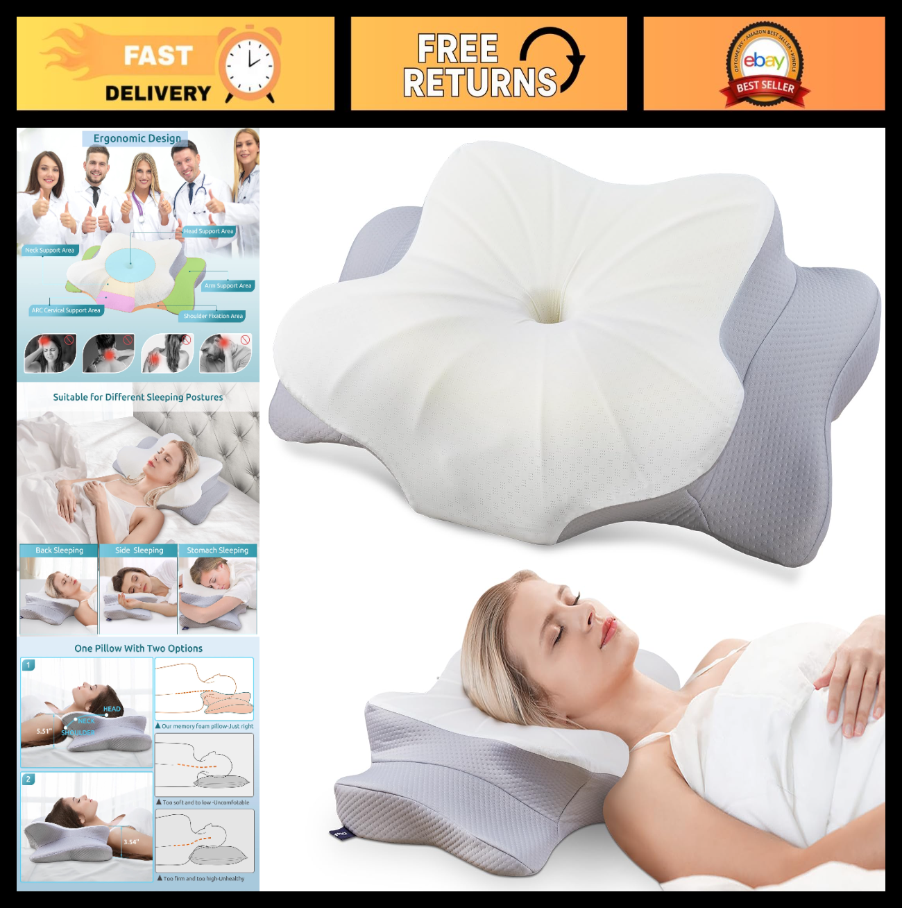 Ergonomic Memory Foam Cervical Pillow for Neck Pain Relief, Sleep Support0