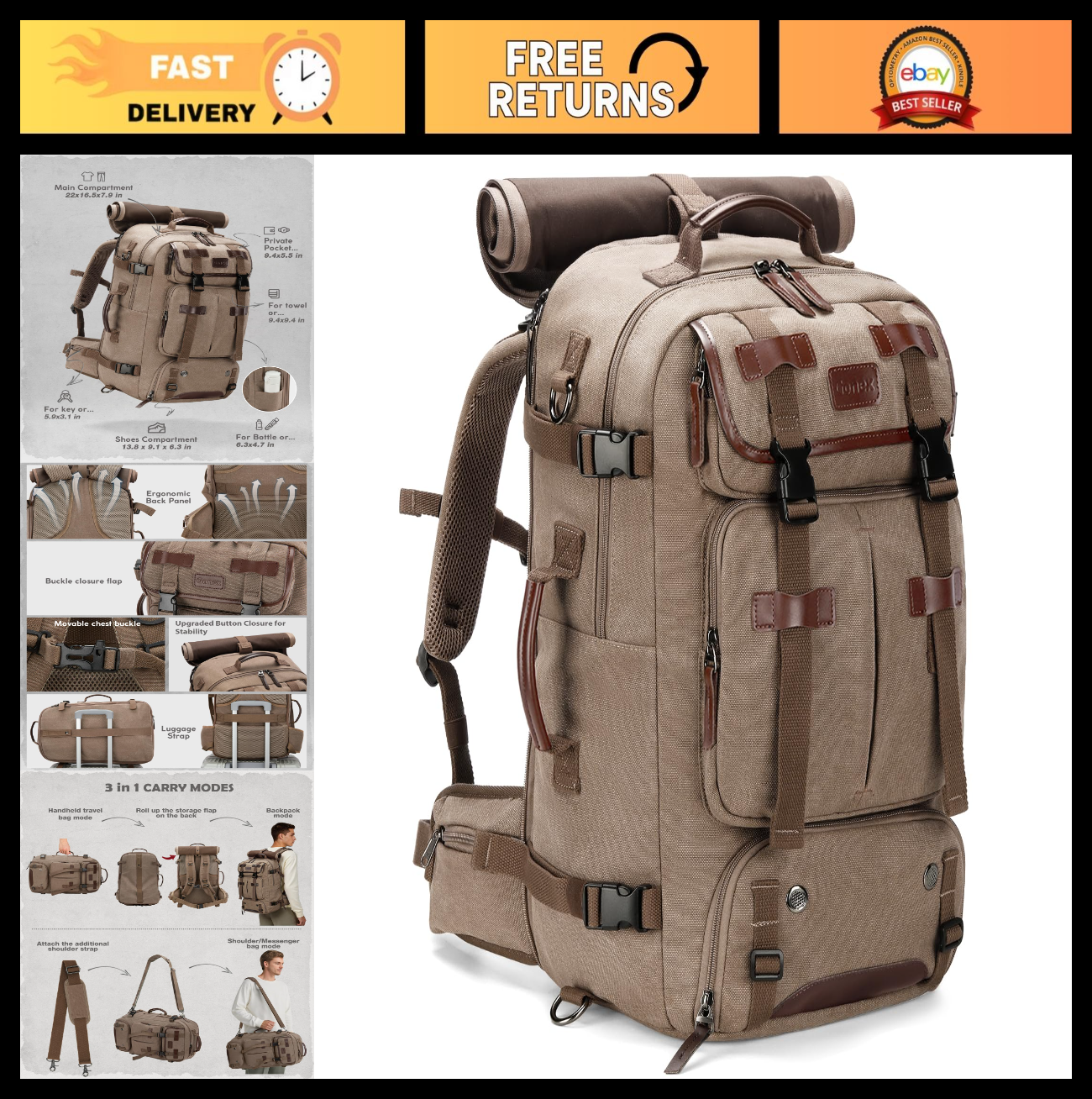 40L Convertible Laptop Backpack, Airline Approved, Travel Friendly, Coffee Brown0