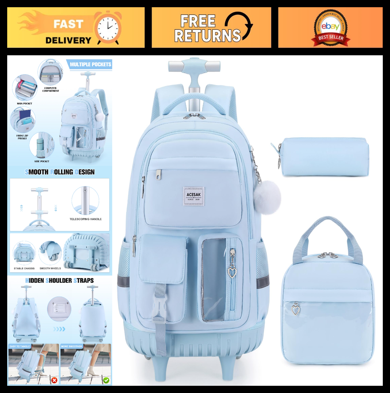 Rolling Backpack for Girls with Lunch Bag & Pencil Pouch   Wheeled Bookbag for S0