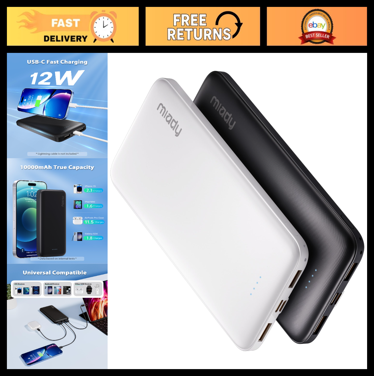2 Pack 10000mAh Portable Power Bank Charger   Travel Battery Pack, Fast Charging0