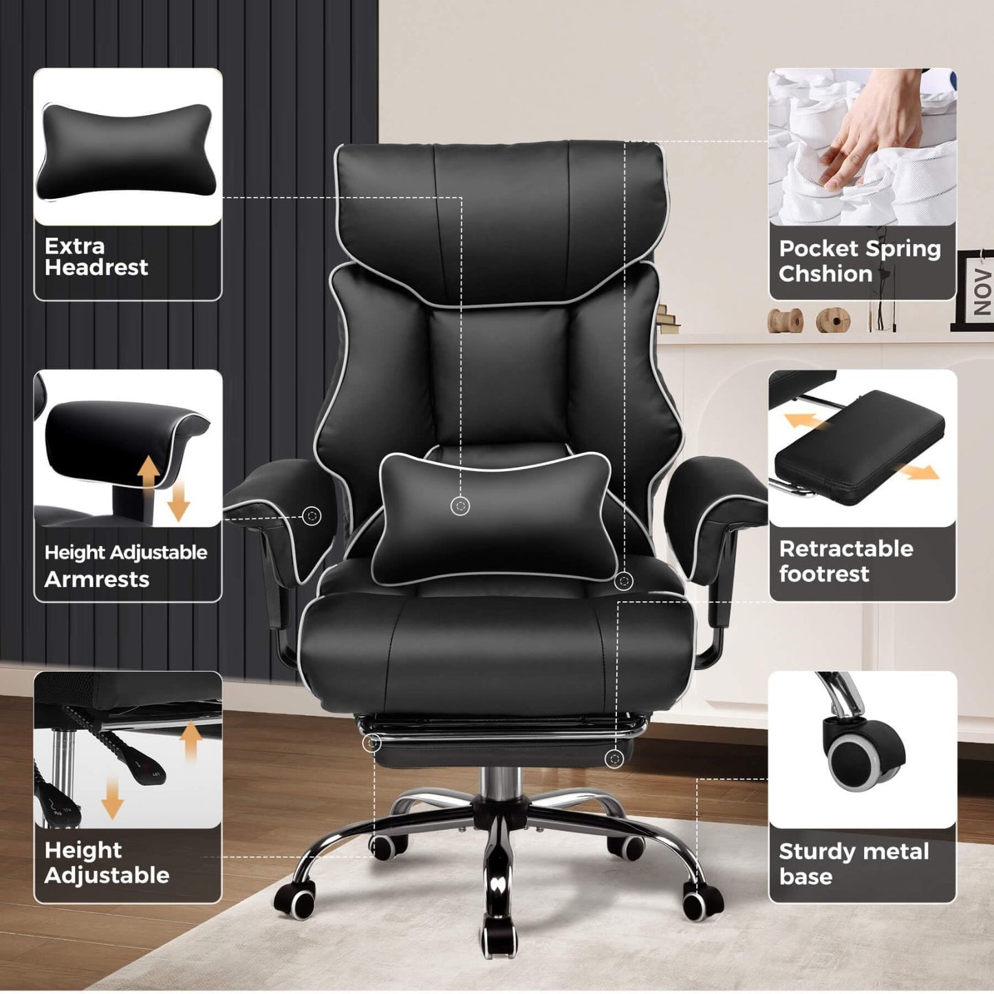 Big & Tall Gaming Chair 400lbs Heavy Duty Office Chair with Foot Rest, Ergonomic4