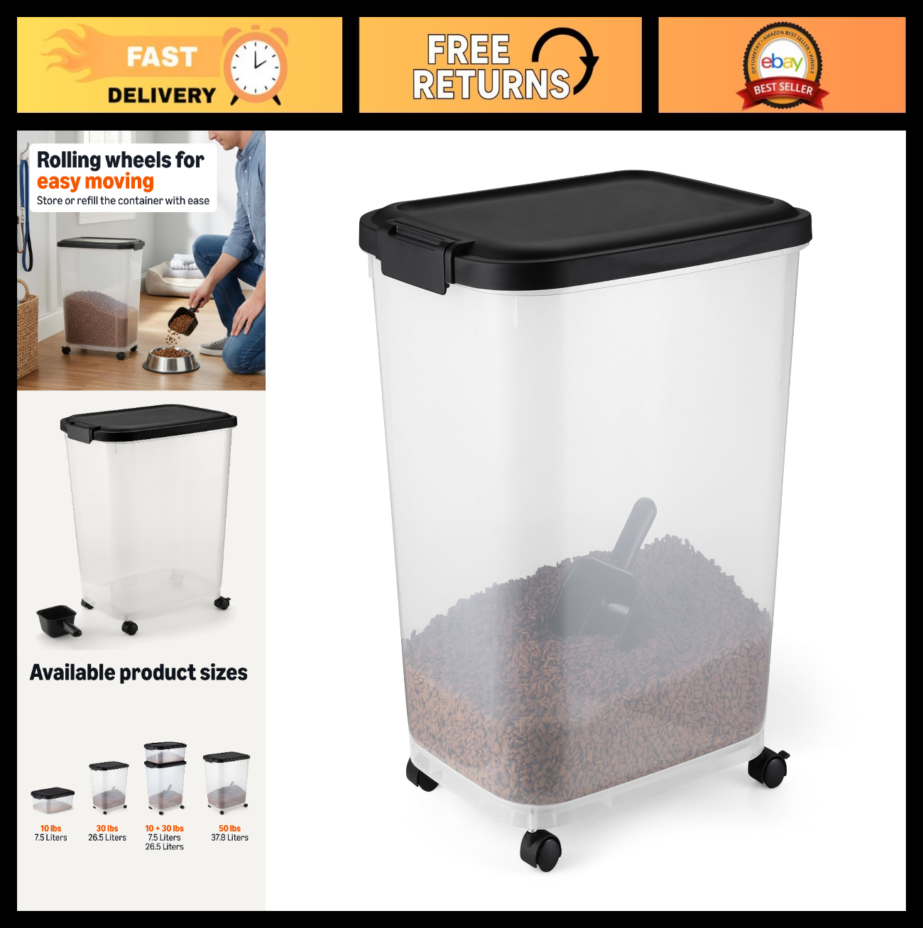 Pet Food Storage Container with Rolling Wheels, BPA-Free, 50lbs Capacity & Scoop0