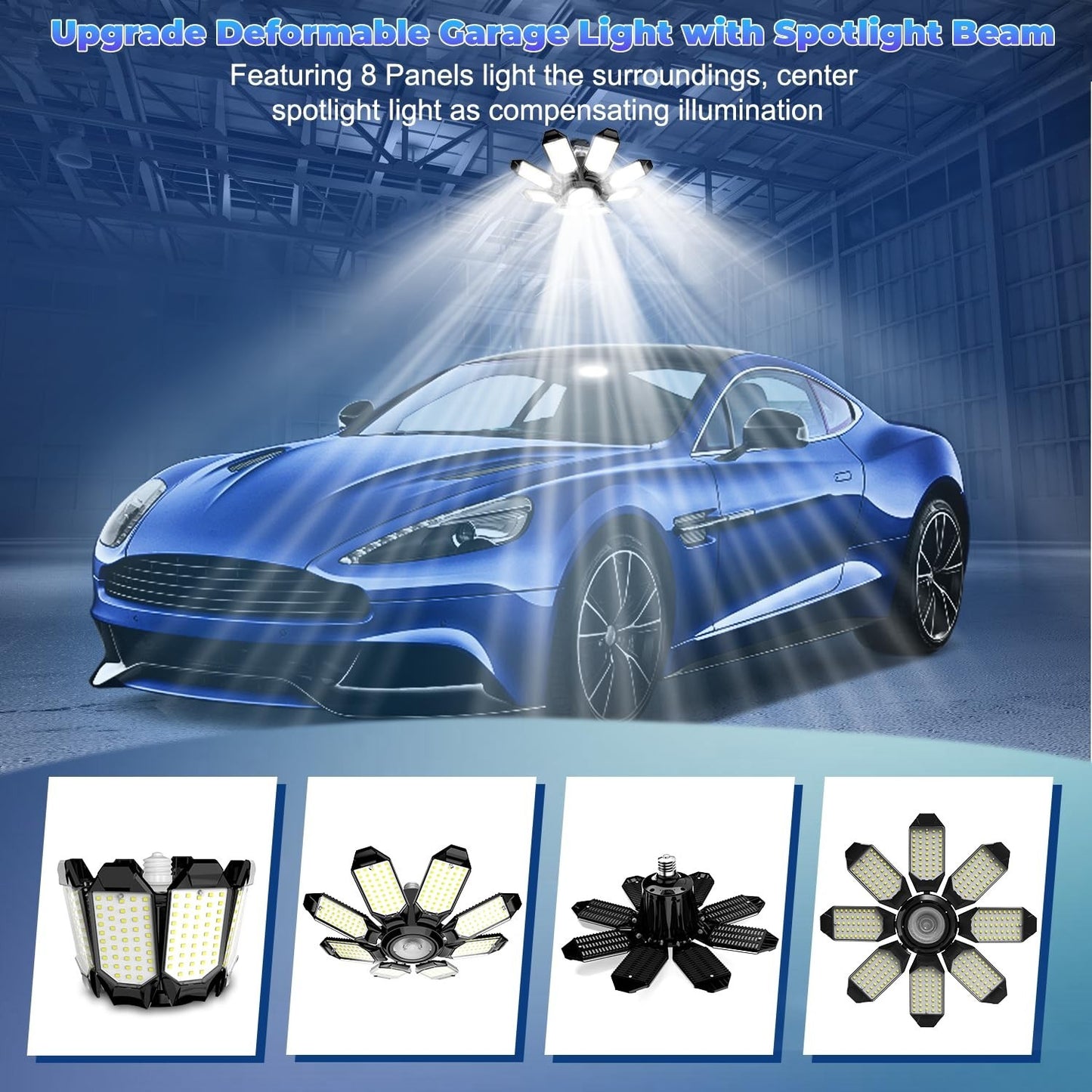 Super Bright 250W LED Garage Ceiling Light   8 Deformable Panels, 6500K, E26/E272