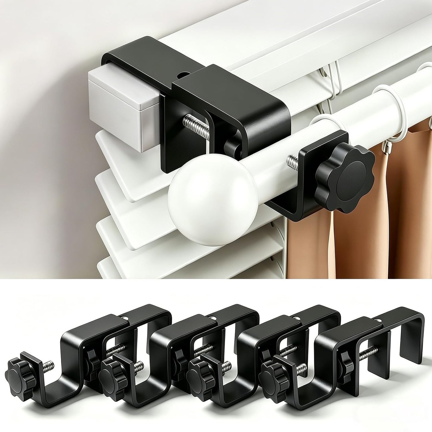 No Drill Curtain Rod Brackets for Outside-Mount Blinds, Tool-Free Holders, 4 Pac1