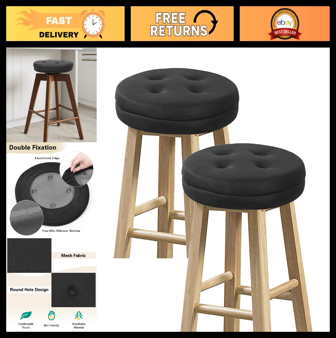 Set of 2 Round Bar Stool Cushions, Breathable Black Seat Covers, 12" Diameter0