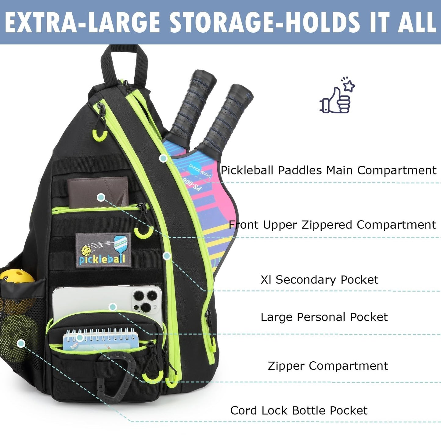 Tactical Pickleball Backpack - Adjustable Sling Bag with Water Bottle & Fence Ho3