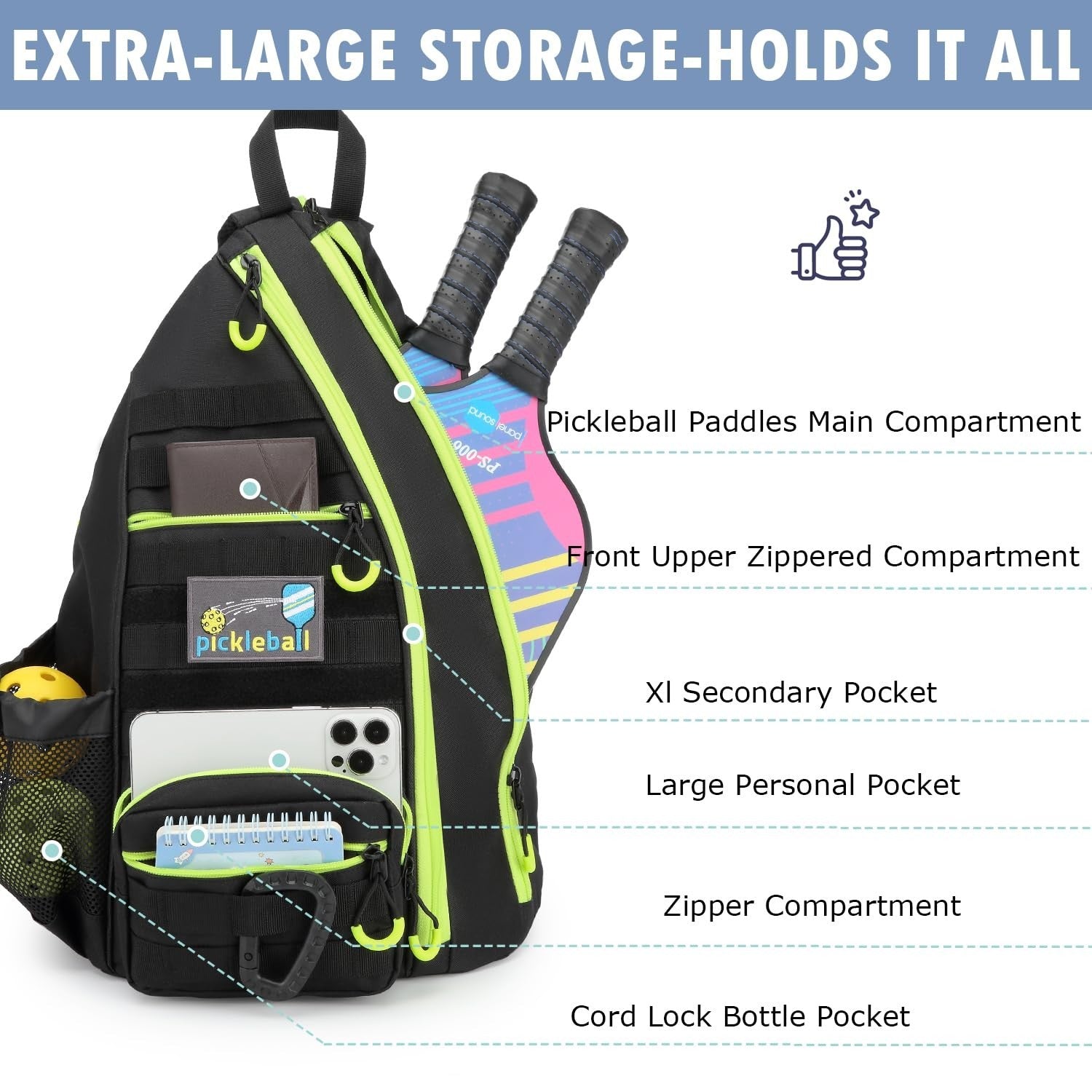 Tactical Pickleball Backpack - Adjustable Sling Bag with Water Bottle & Fence Ho3