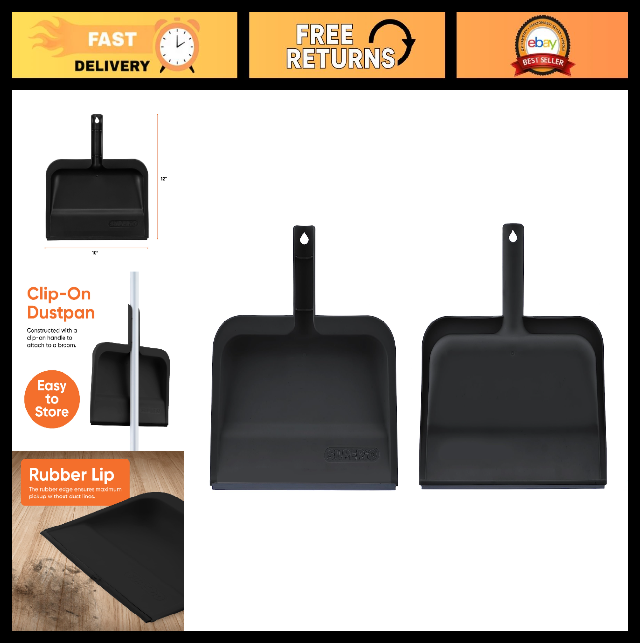Durable Clip-On Dustpan with Rubber Lip - 10" Wide Plastic, Comfort Grip Handle,0