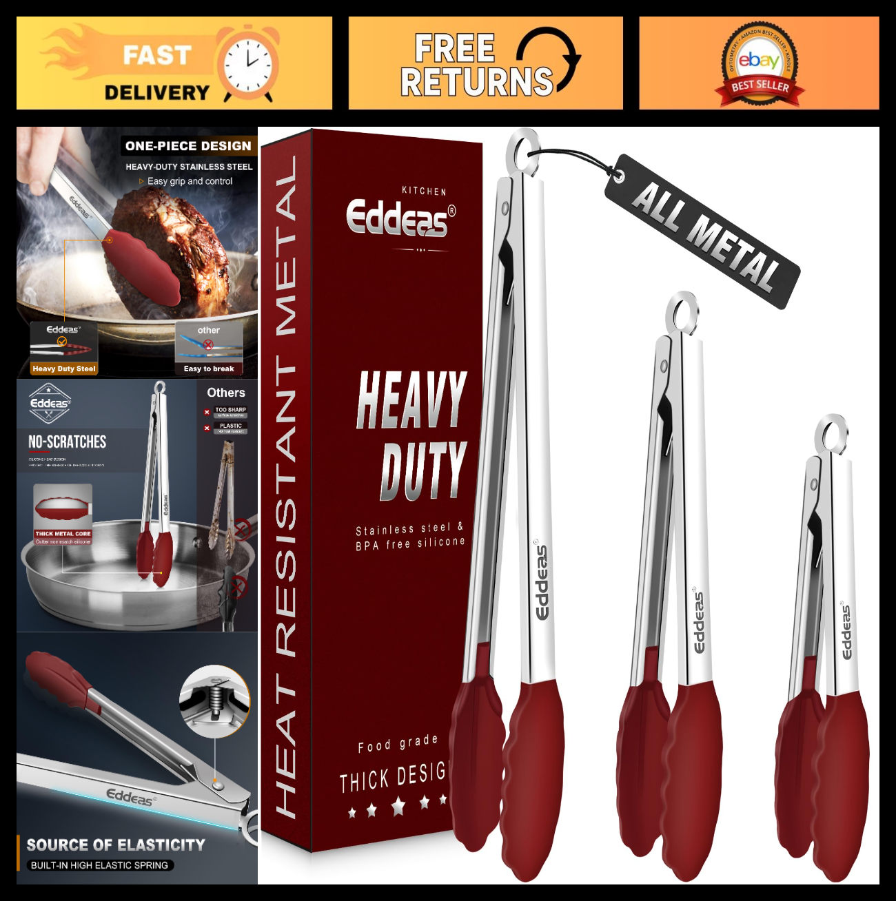 Heat Resistant Silicone Tongs Set   7", 9", & 12" Locking Kitchen Tools, Heavy D0