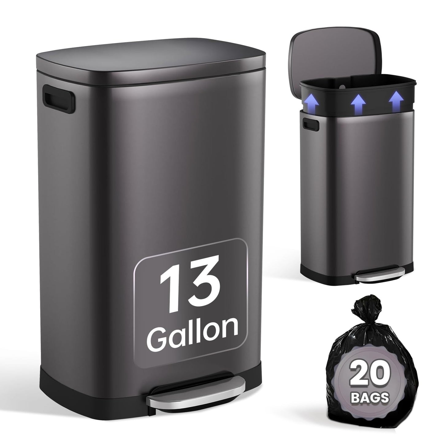 Stainless Steel 13 Gal Kitchen Trash Can with Soft Close Lid & Pedal | Fingerpri1