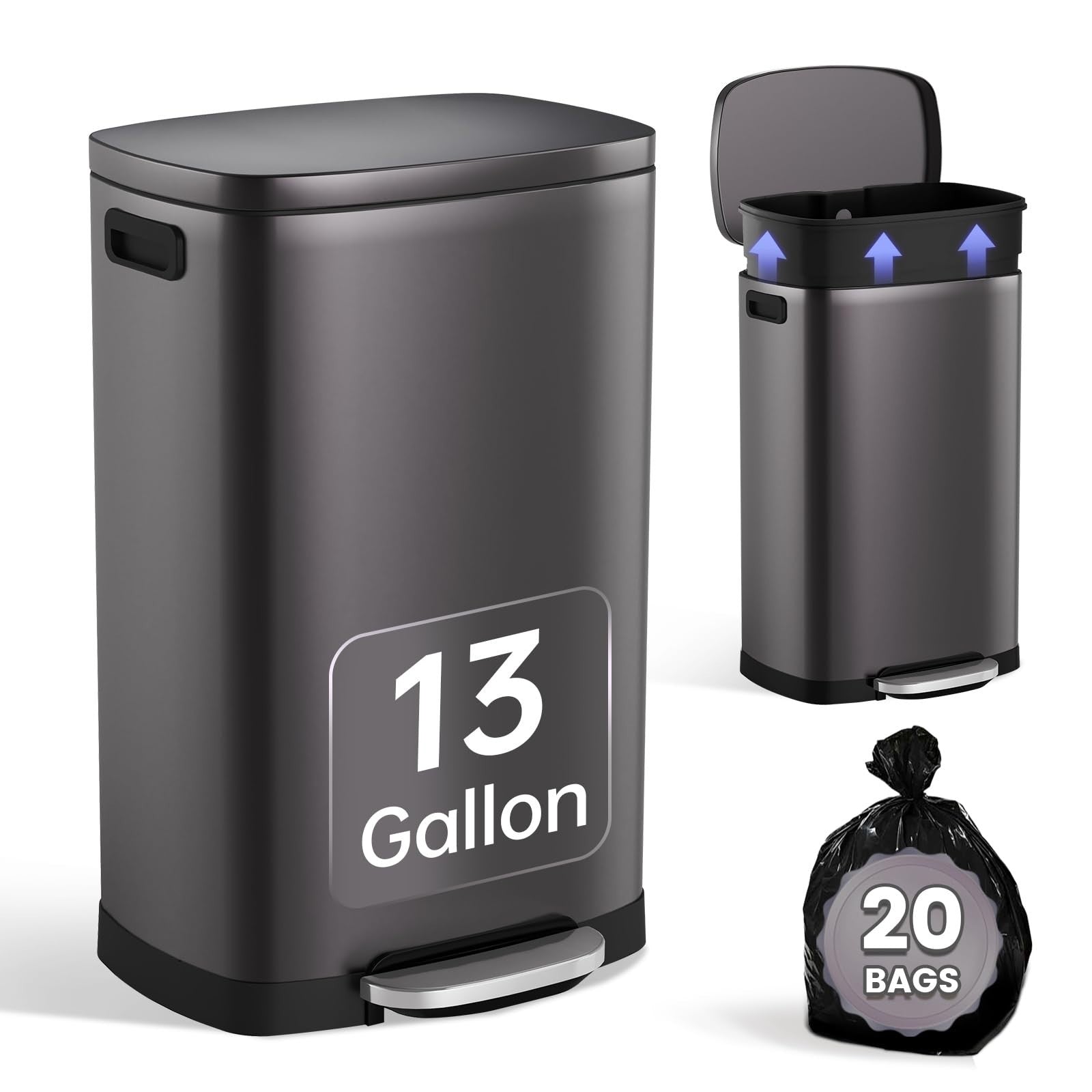 Stainless Steel 13 Gal Kitchen Trash Can with Soft Close Lid & Pedal | Fingerpri1