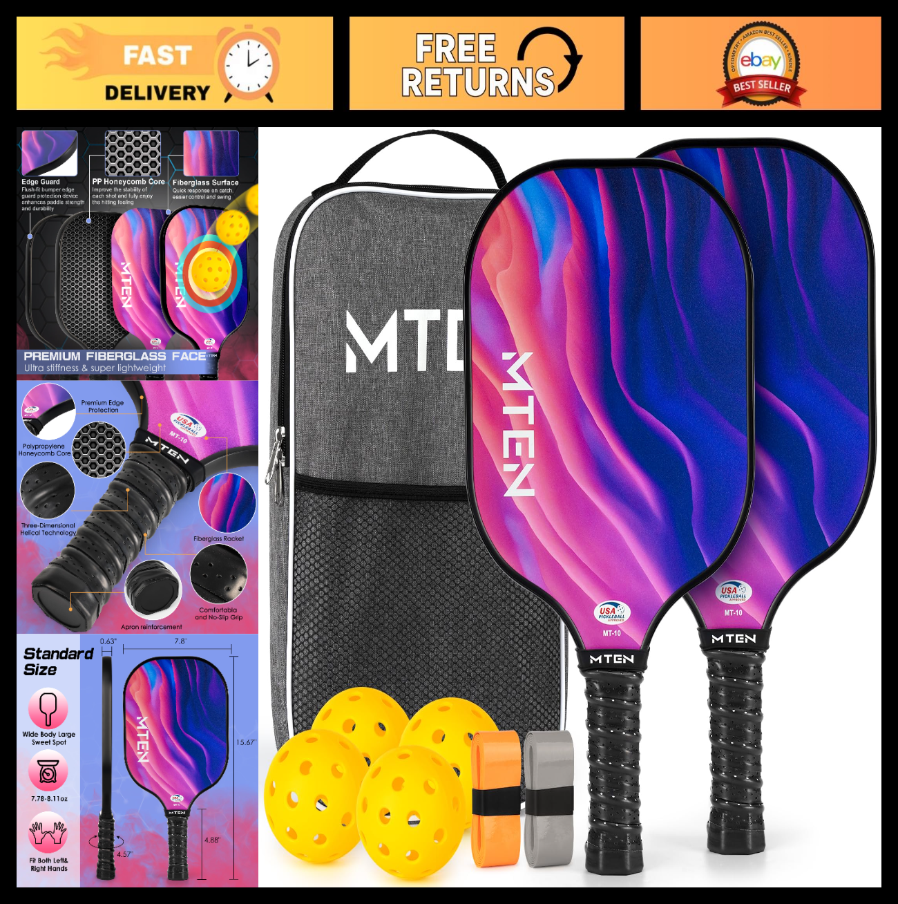 Pickleball Paddle Set of 2/4/1 - USAPA Approved Fiberglass Rackets, Lightweight0