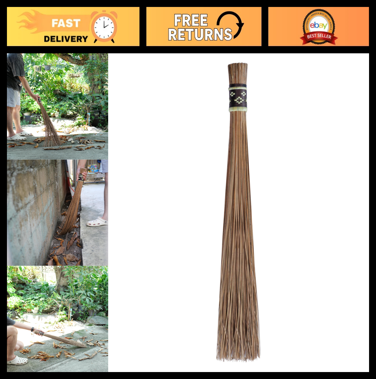 32" Heavy Duty Outdoor Coconut Leaf Broom - Sturdy Multi-Surface Cleaning Tool0
