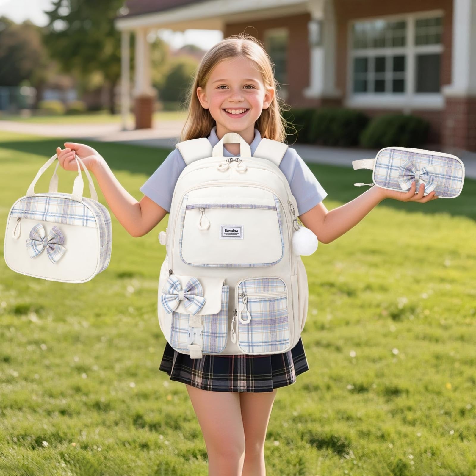 Cute Bow Backpack for Girls   School Bag with Lunch Bag & Pen Case, Stylish & Fu7