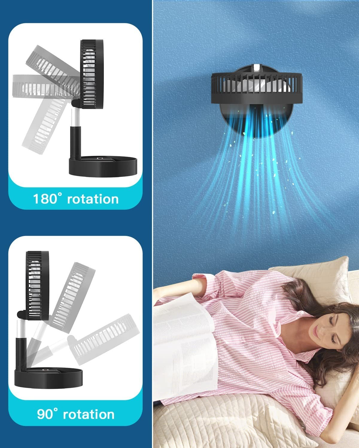 Portable Folding Stand Fan, USB Rechargeable 7200mAh, 4 Speed Adjustable Height,4