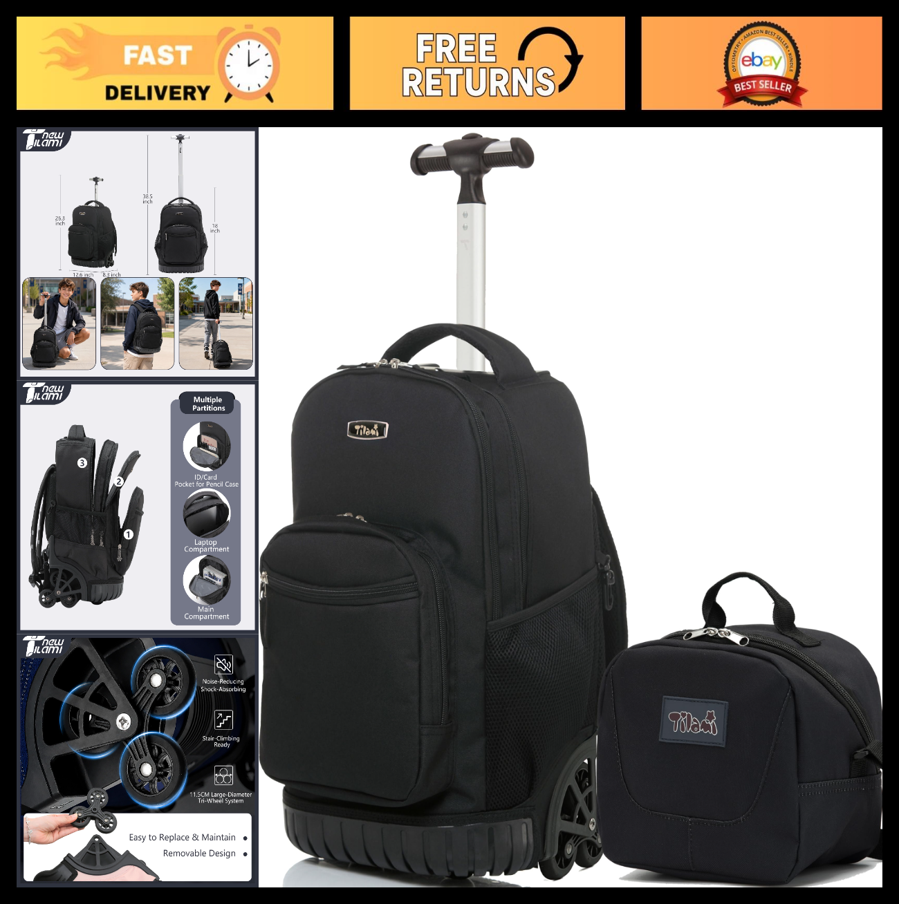 18" Rolling Backpack with Lunch Bag for Kids, School Travel, Girls & Boys0