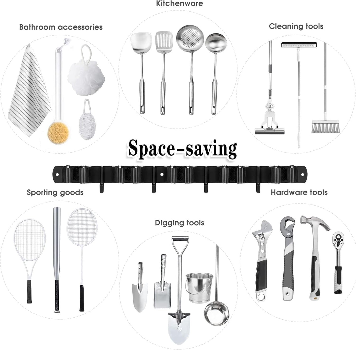 Wall Mount Broom Holder with 5 Racks & 4 Hooks - Mop & Broom Organizer Storage6