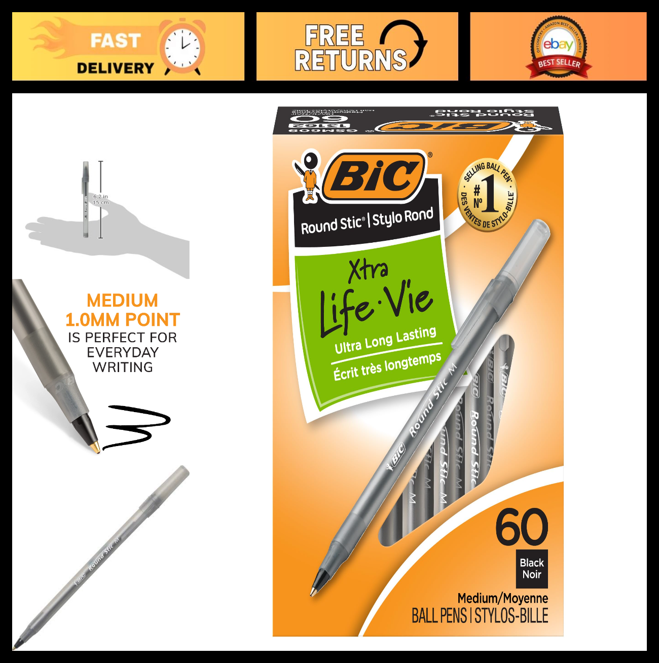 60 Count Black Ballpoint Pens, Ultra Long Lasting Ink, Smooth Writing, Xtra Life0