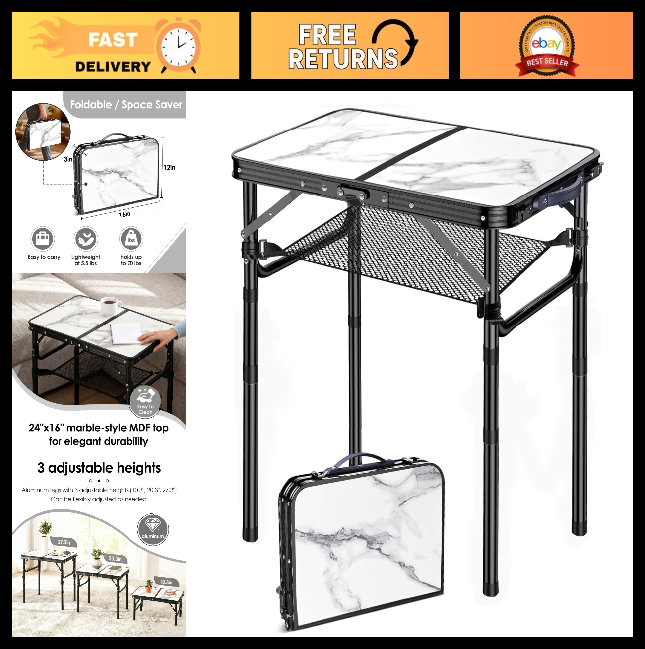 Folding Adjustable Height TV Tray Table - Portable Snack & Dinner Couch Side Tab0