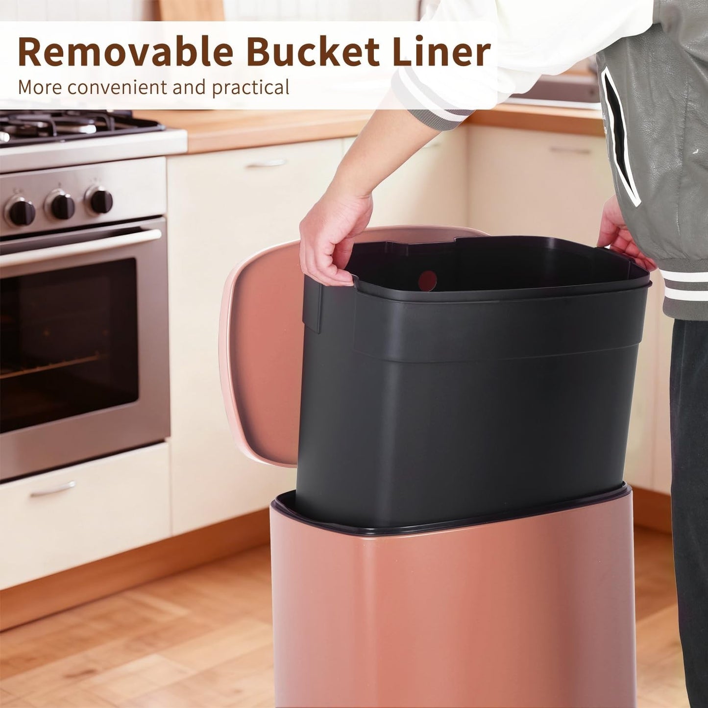 Stainless Steel Kitchen Trash Can with Lid, Removable Inner Bucket, Foot Pedal,4