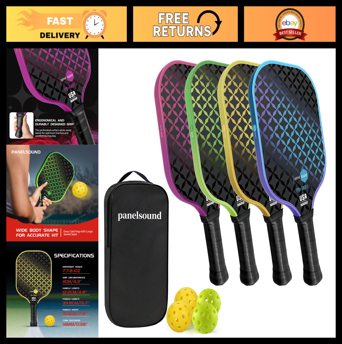 USAPA Approved Pickleball Paddle Set - 2 or 4 Rackets, Fiberglass, 4 Balls & Cas0