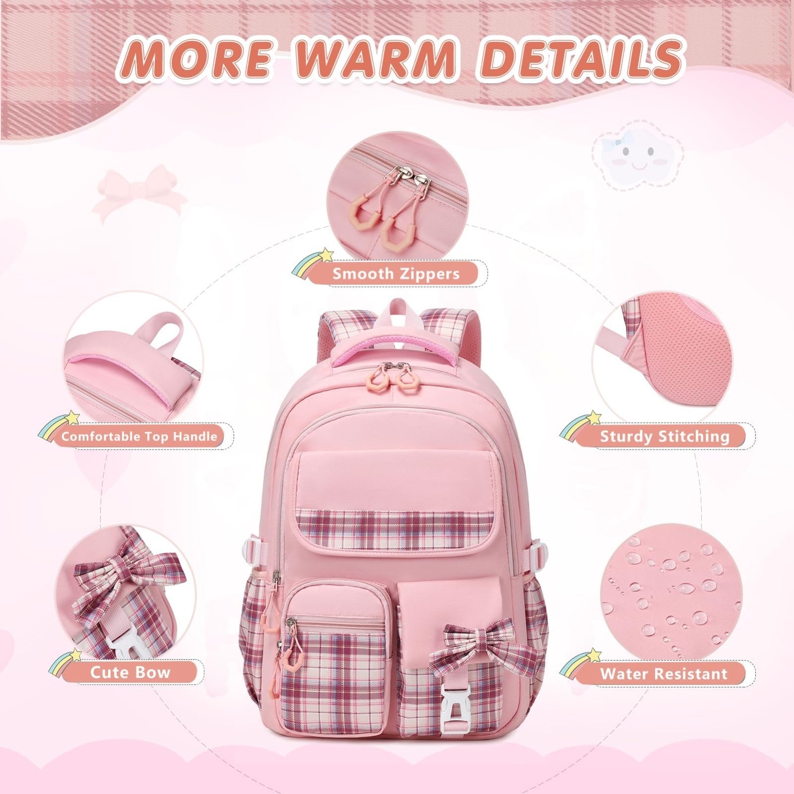 Stylish 3PCS School Backpack Set for Girls, 17" Bow Plaid Bookbag, Durable & Tre3