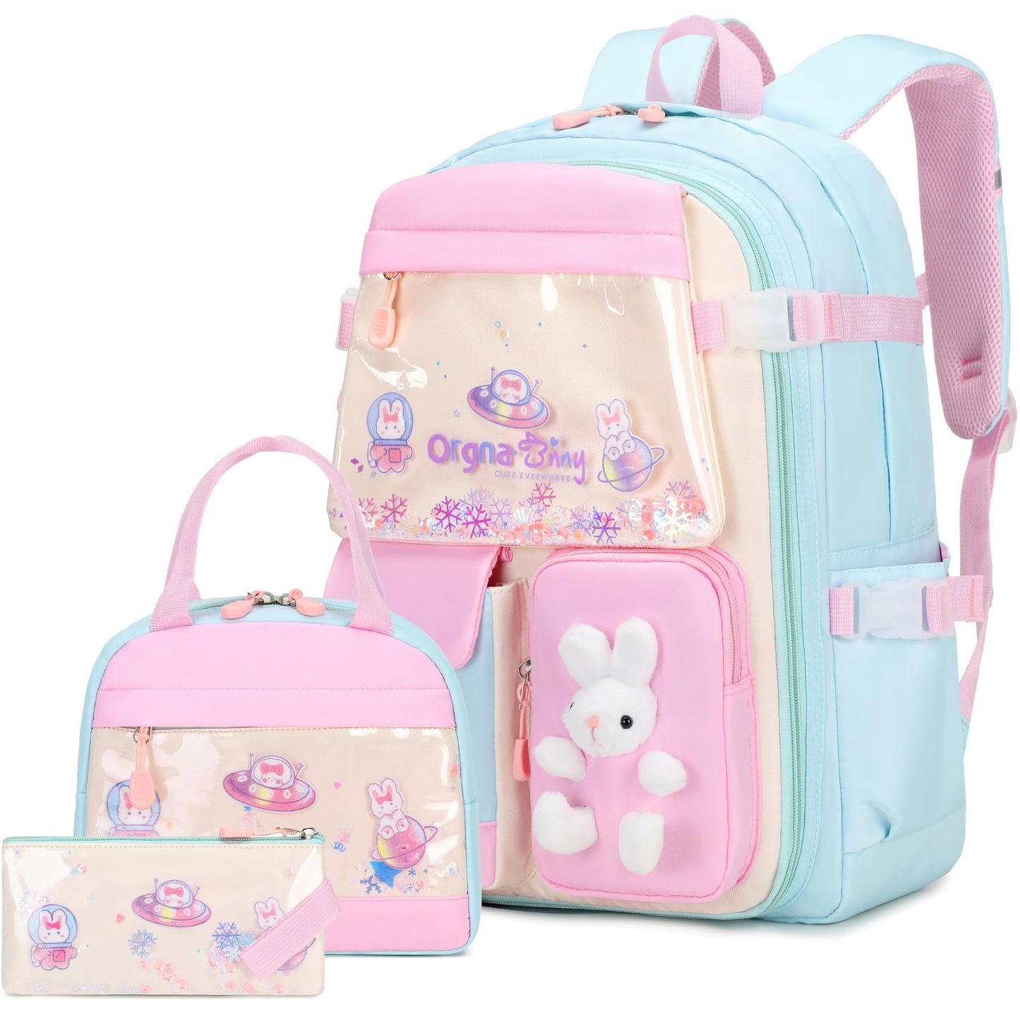 Kawaii Bunny Girls Backpack Set   3PC School Bag, Lunch Box & Pencil Case   Aqua0