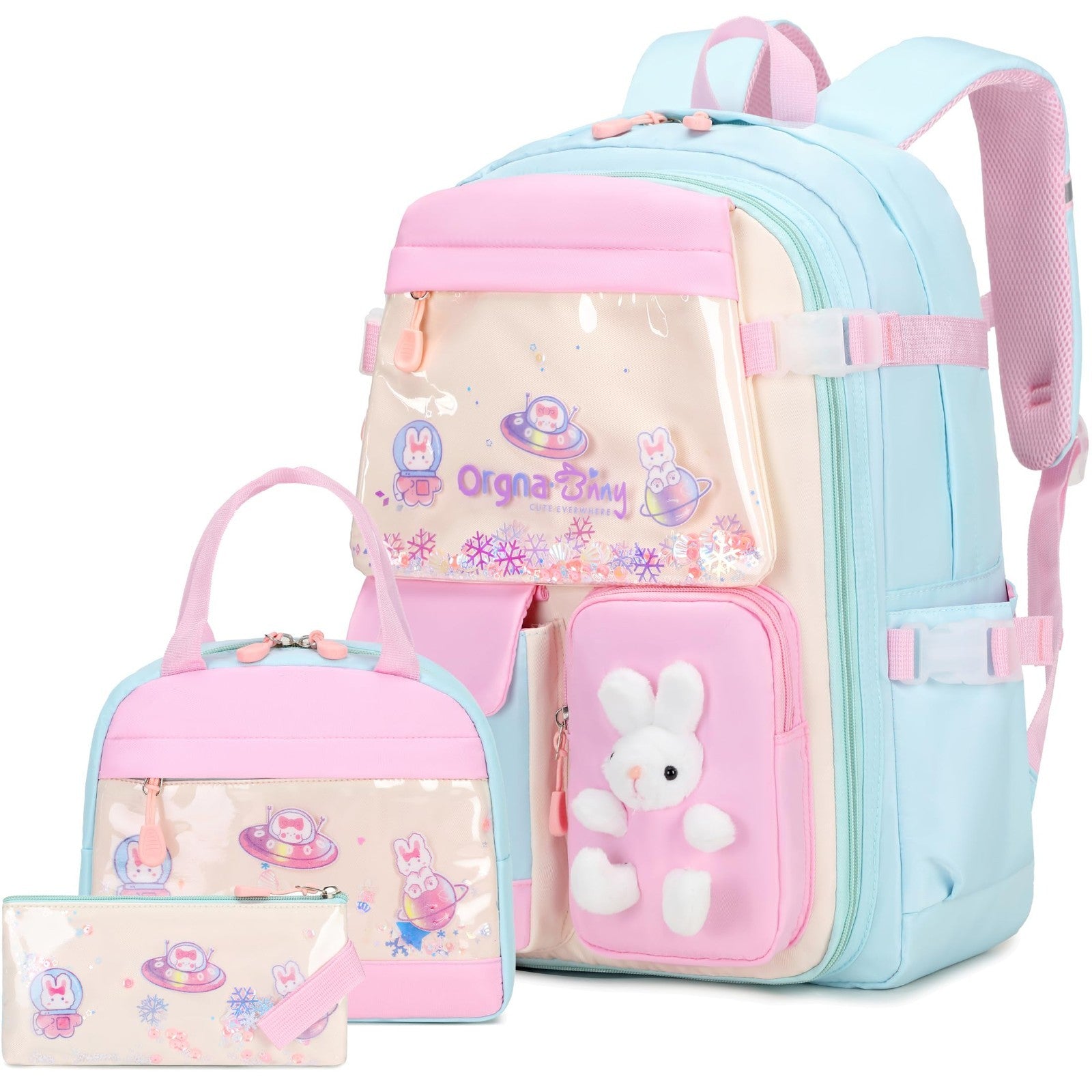 Kawaii Bunny Girls Backpack Set   3PC School Bag, Lunch Box & Pencil Case   Aqua0