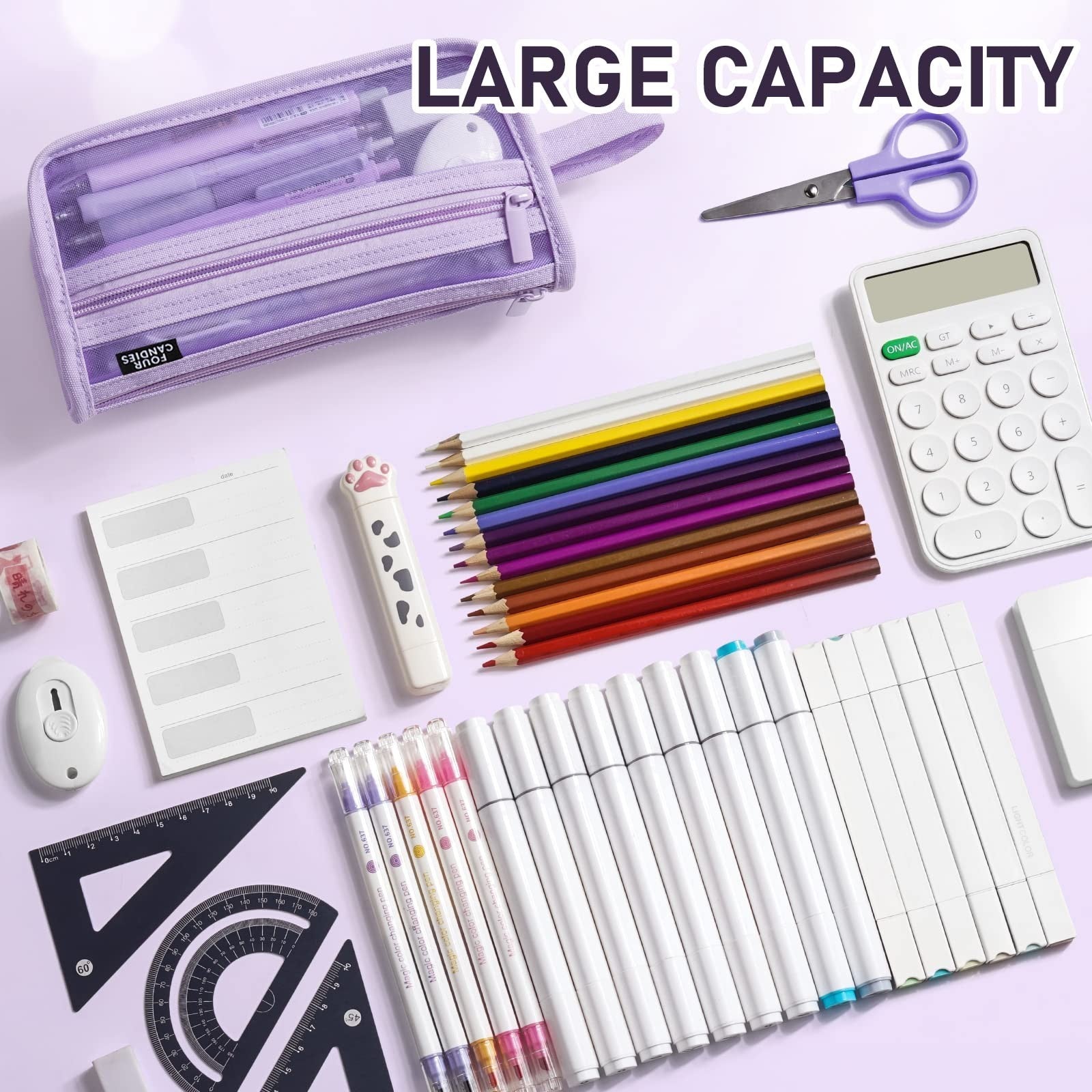 Clear Double Layer Pencil Case with Handle   Four Candies Grid Mesh, Purple5