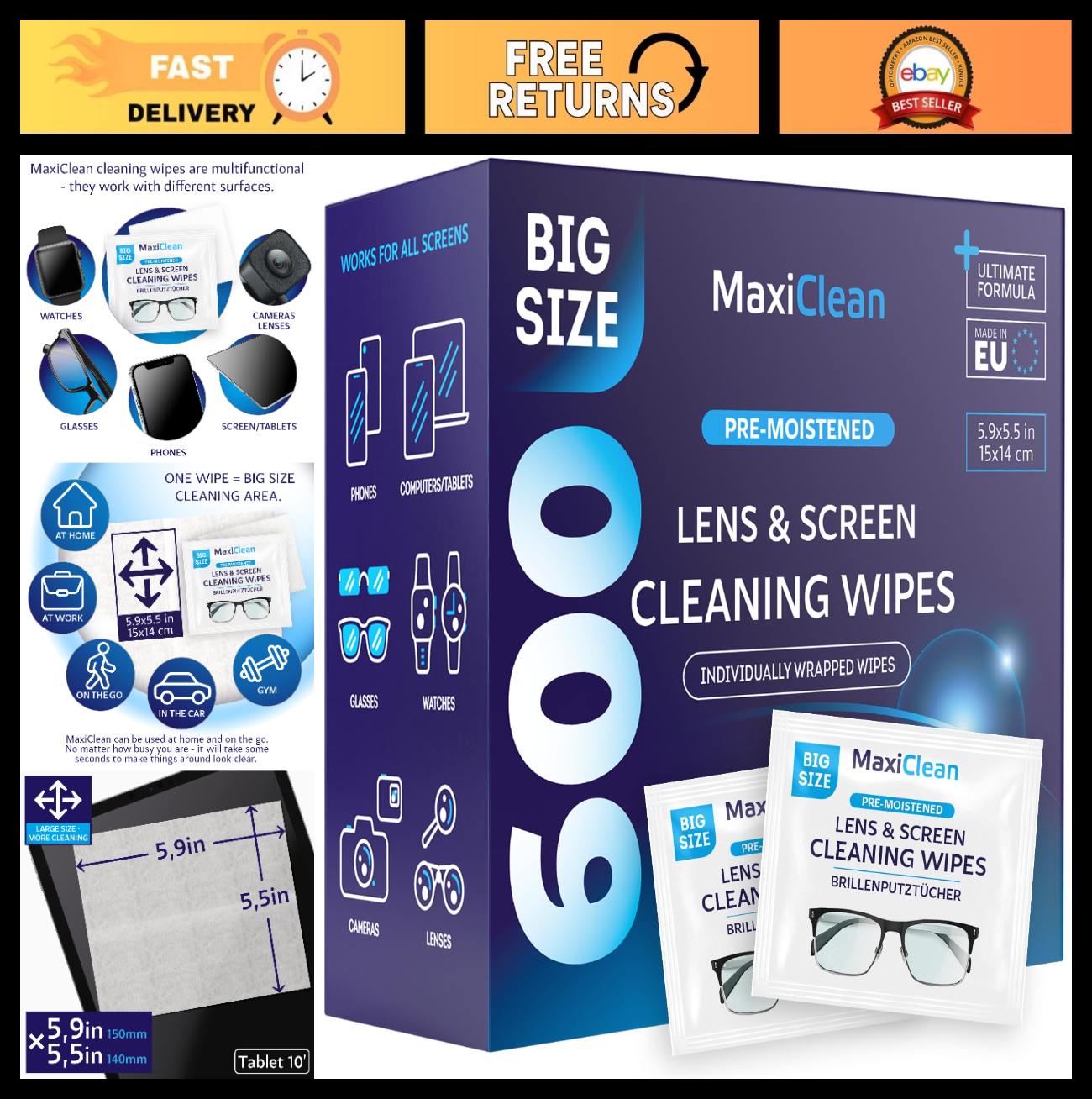 Pre-Moistened Lens Wipes - 600 Individually Wrapped Glasses & Screen Cleaners0