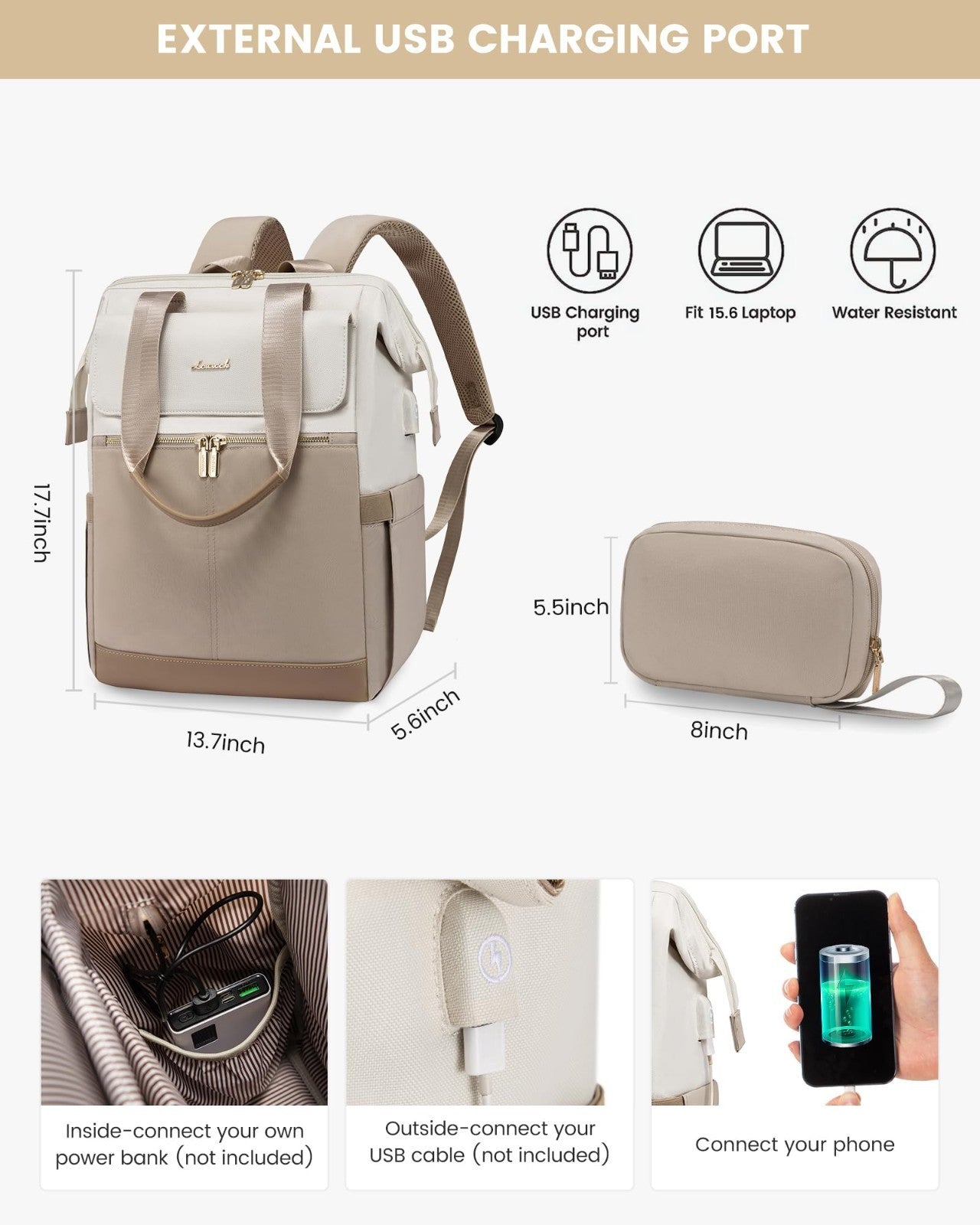 Stylish 15.6" Laptop Backpack for Women, USB Port, Waterproof Travel Bag, 2PCS2