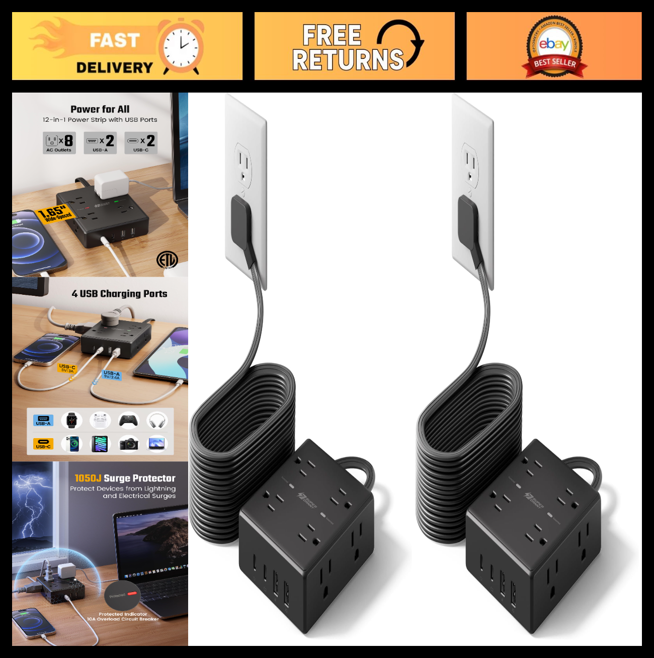 20Ft Extension Cord with Flat Plug, Surge Protector Power Strip   2 Pack0