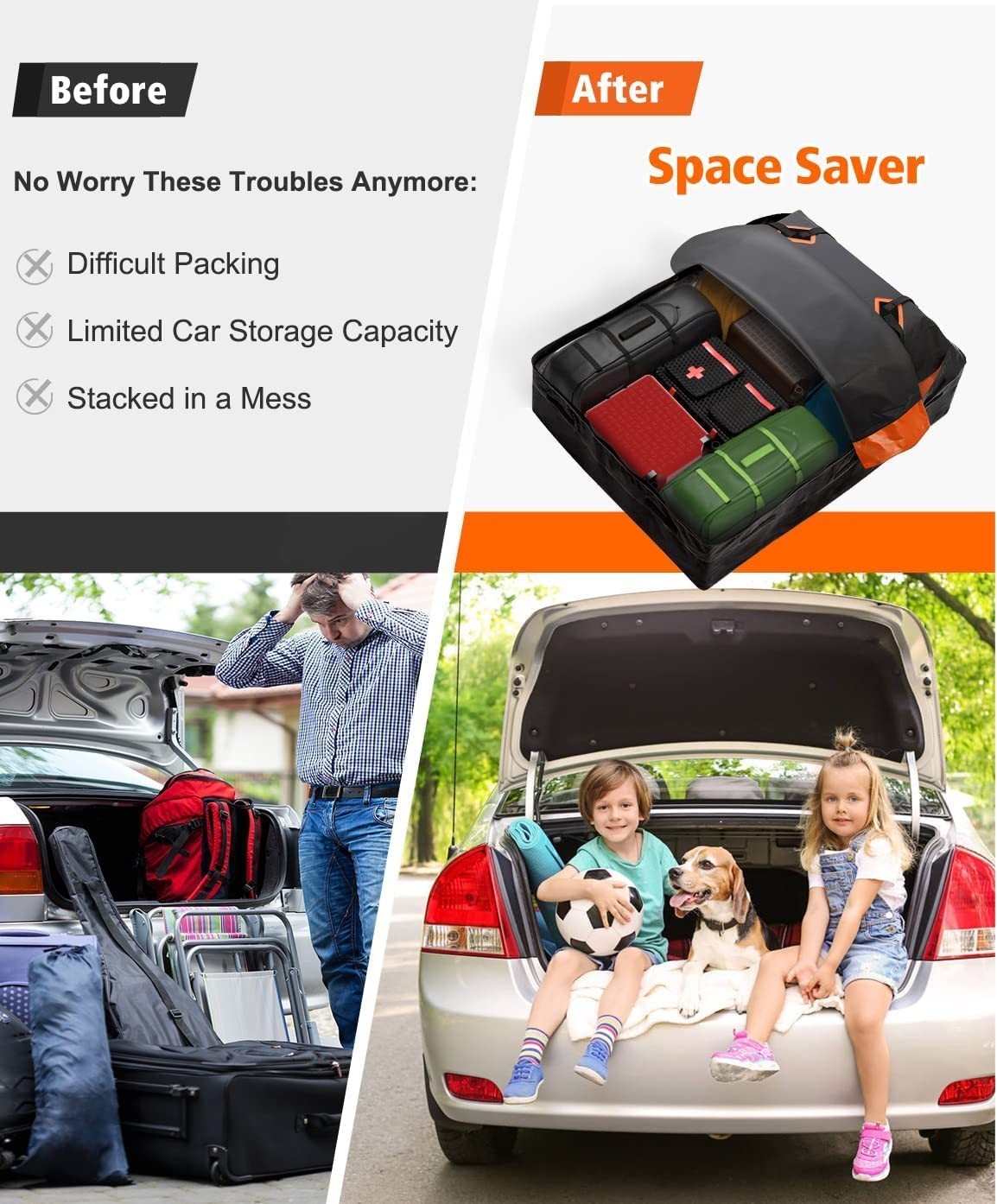 Waterproof Rooftop Cargo Carrier Bag for All Vehicles, Anti-Slip Mat & Straps, 66
