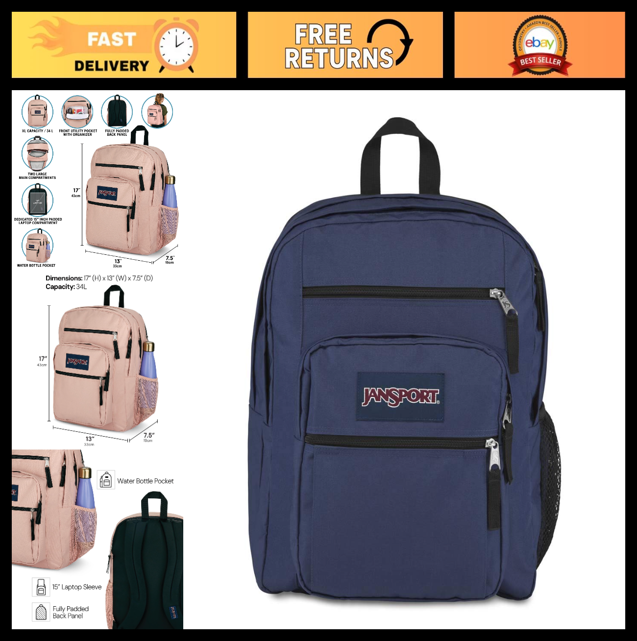 Laptop Backpack for 15" Computer   Ergonomic Straps, 2 Compartments, Haul Handle0